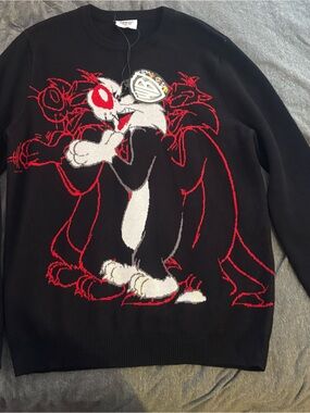 Vintage Looney tunes Sylvester the Cat Knit crewneck pullover sweater Blk 2XL